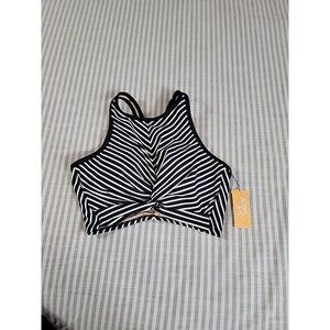 Kona Sol Black White Striped High Neck Racerback Swim Bikini Top Size Medium NWT